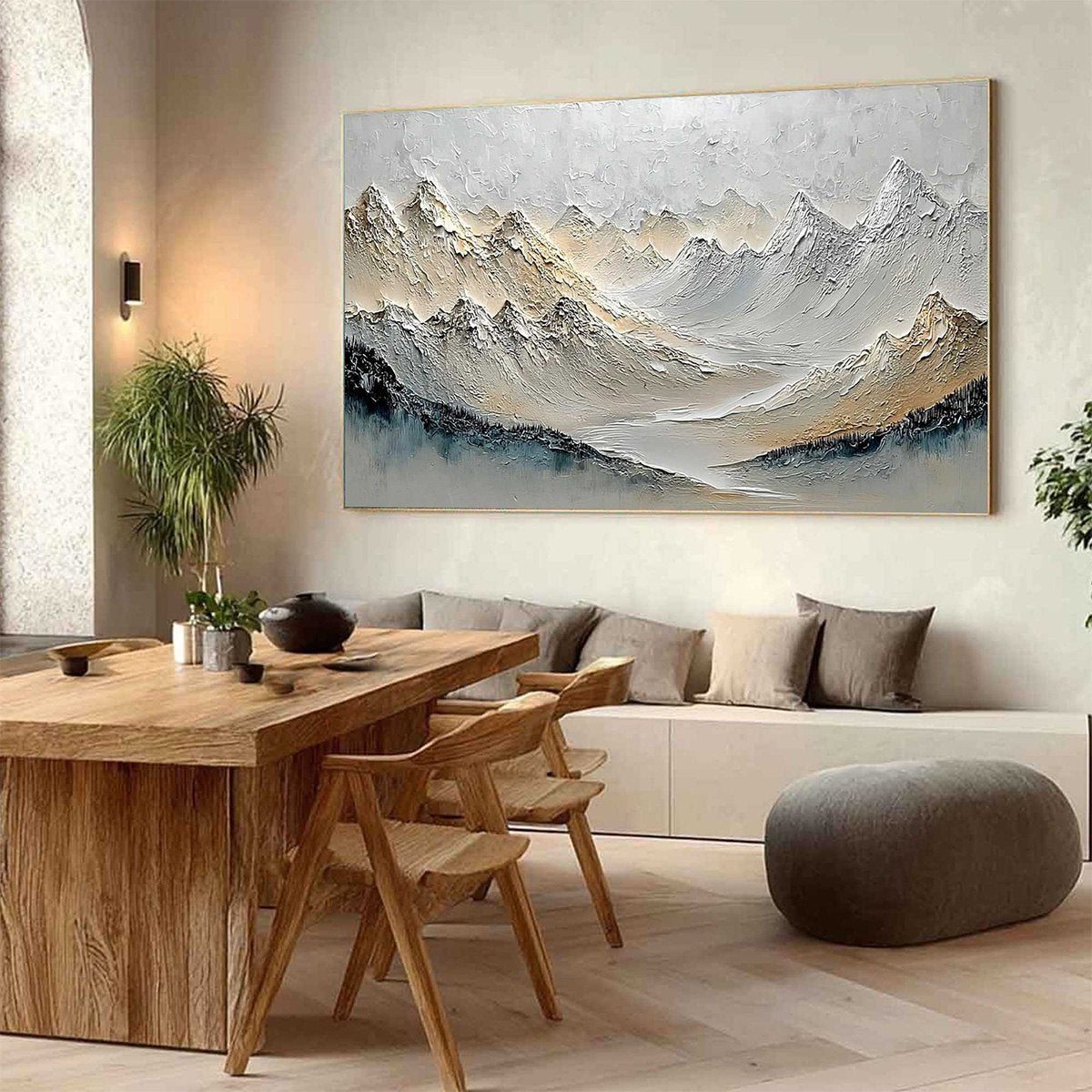 Alpine Serenity hand-painted slate blue, ivory and soft grey textured abstract mountain painting shown with wood frame