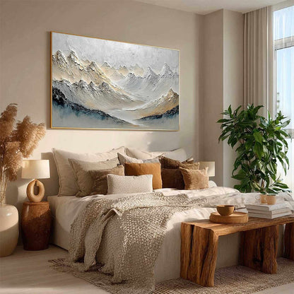 Alpine Serenity hand-painted slate blue, ivory and soft grey textured abstract mountain painting rolled canvas option