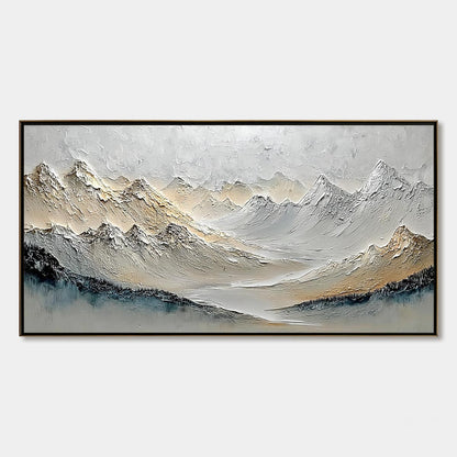 Alpine Serenity hand-painted slate blue, ivory and soft grey textured abstract mountain painting rolled canvas option