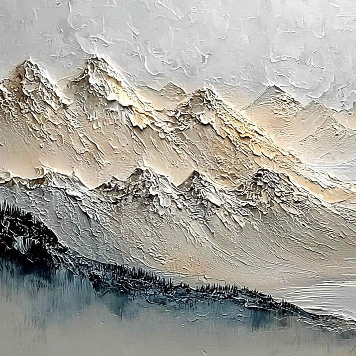 Alpine Serenity hand-painted slate blue, ivory and soft grey textured abstract mountain painting shown with gold frame