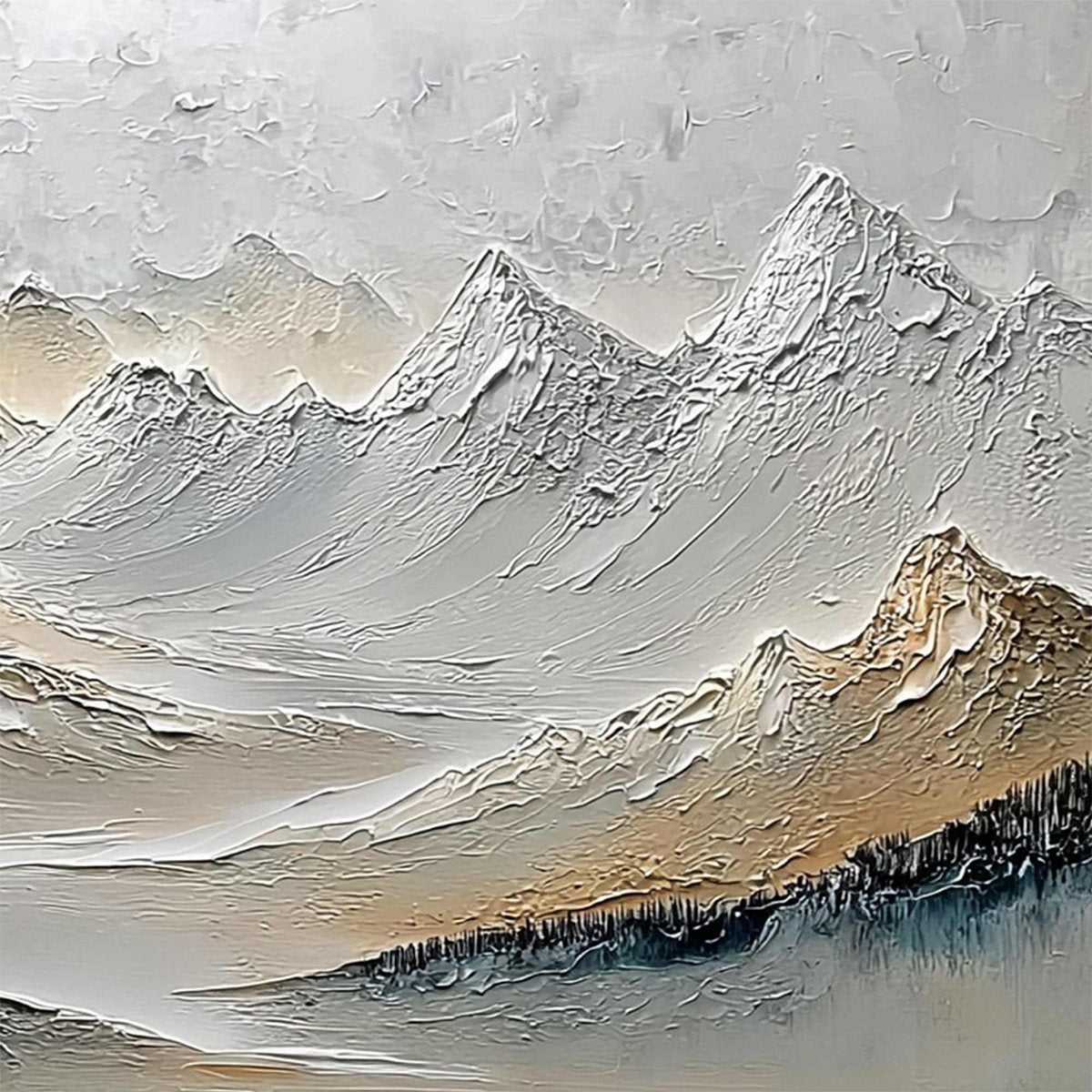 Alpine Serenity hand-painted slate blue, ivory and soft grey textured abstract mountain painting shown with silver frame