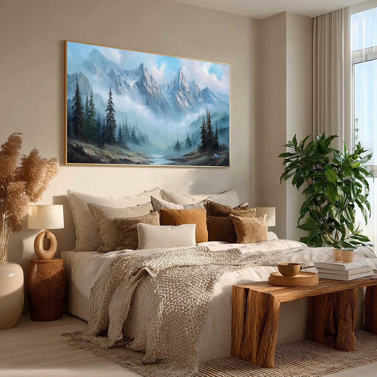 Alpine Whisper hand-painted slate blue, ivory and soft grey textured mountain valley painting shown with wood frame