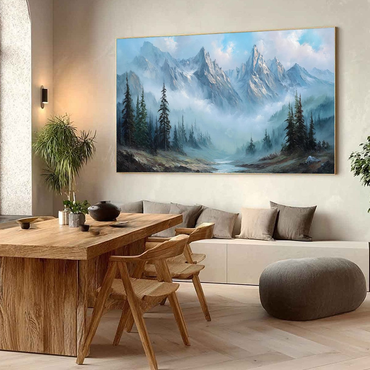 Alpine Whisper hand-painted slate blue, ivory and soft grey textured mountain valley painting shown with black frame