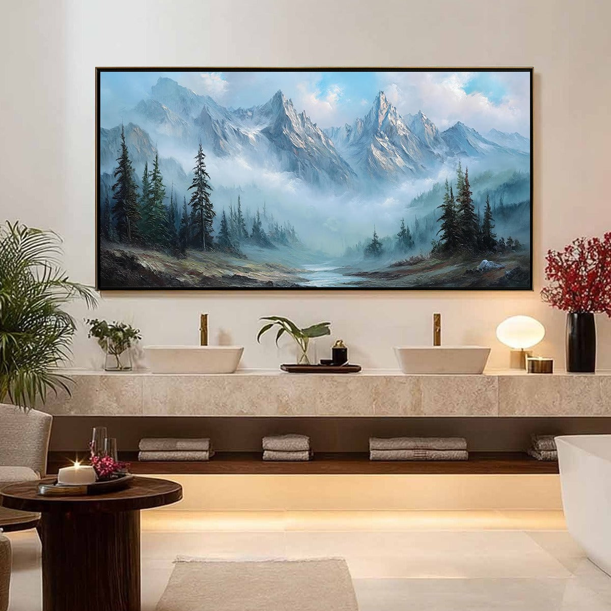 Alpine Whisper hand-painted slate blue, ivory and soft grey textured mountain valley painting shown as stretched canvas