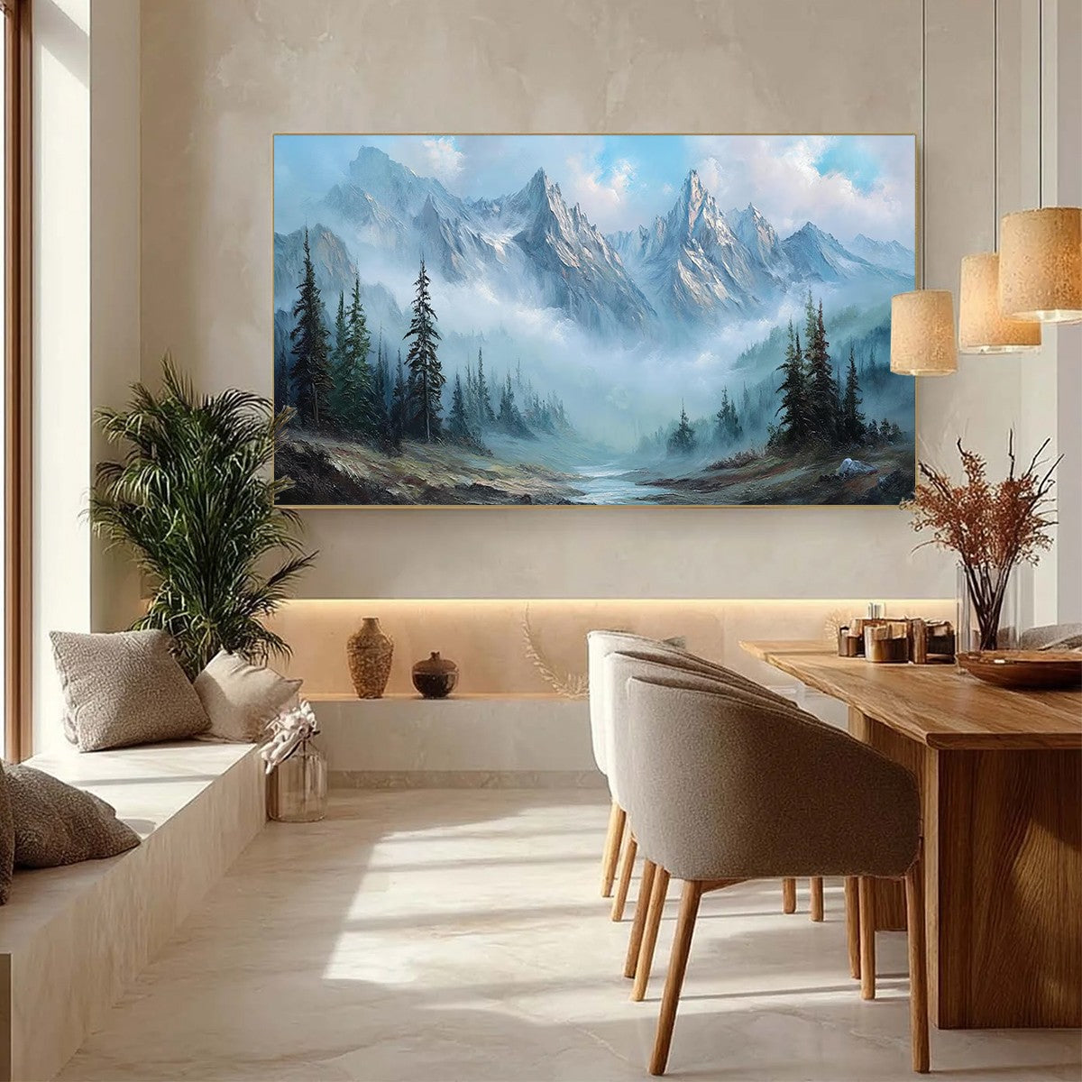 Alpine Whisper hand-painted slate blue, ivory and soft grey textured mountain valley painting shown with silver frame