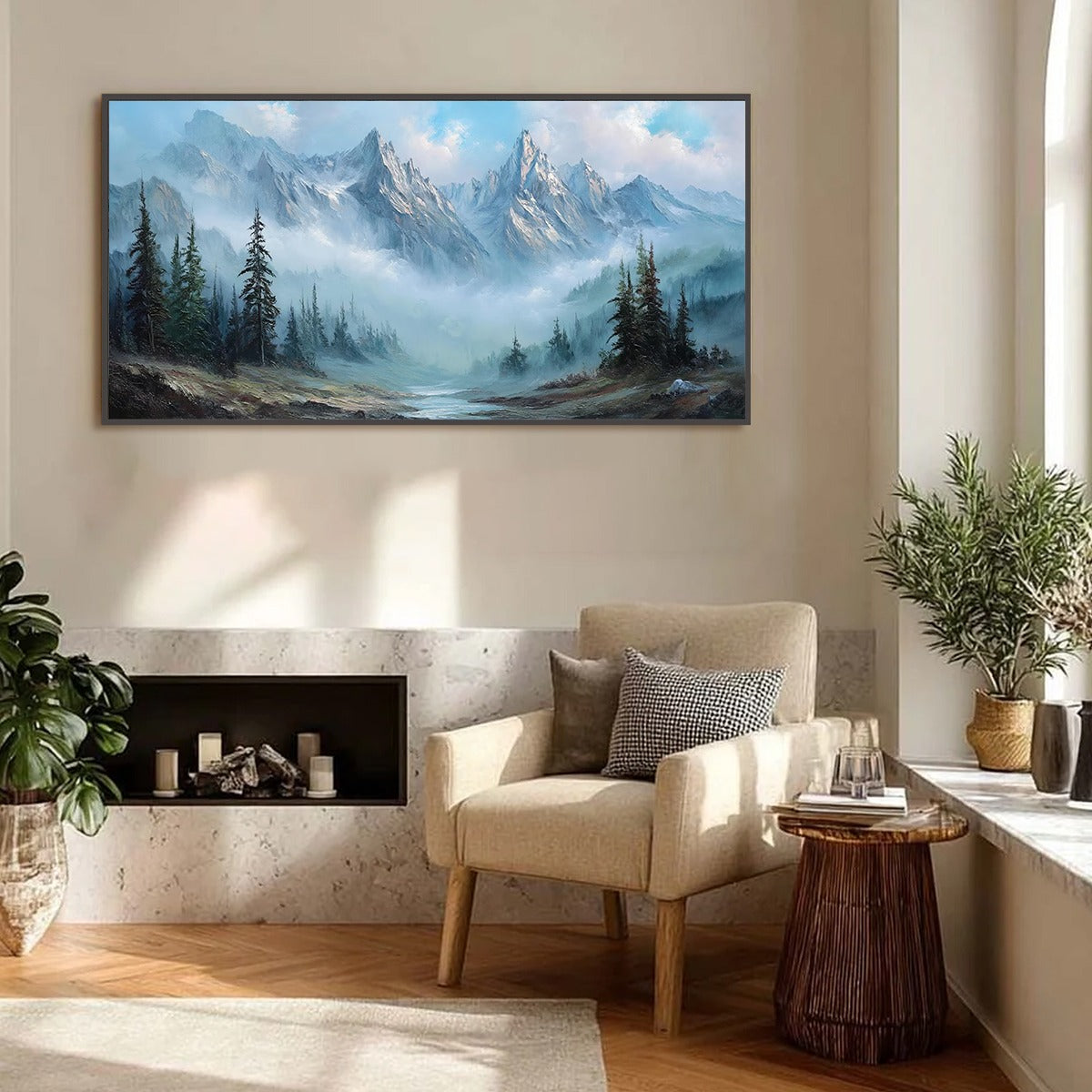 Alpine Whisper hand-painted slate blue, ivory and soft grey textured mountain valley painting rolled canvas option