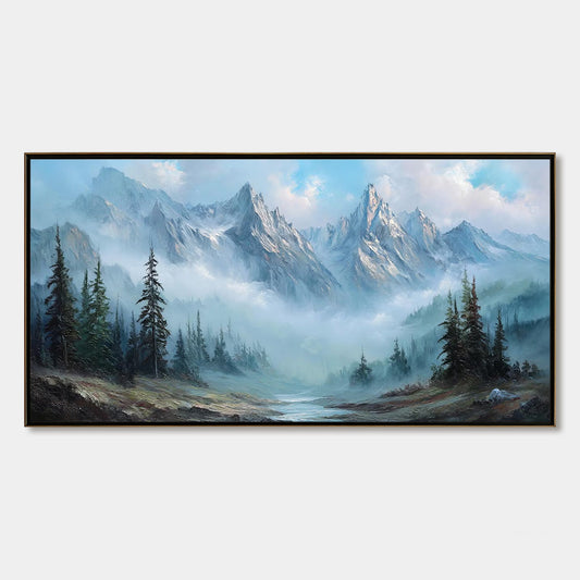 Alpine Whisper hand-painted slate blue, ivory and soft grey textured mountain valley painting rolled canvas option