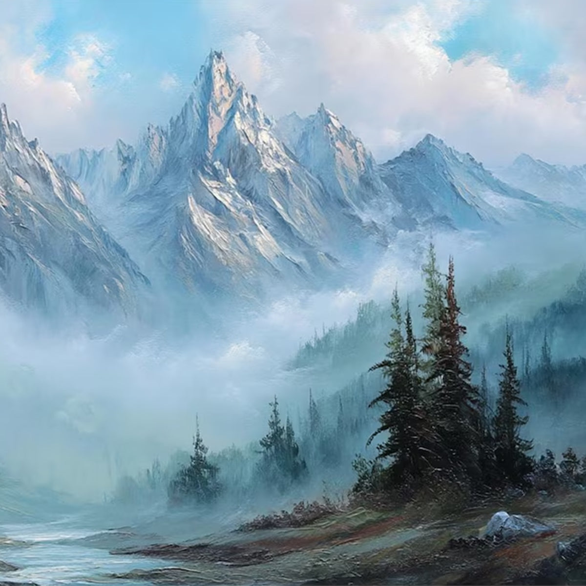 Alpine Whisper hand-painted slate blue, ivory and soft grey textured mountain valley painting shown with gold frame