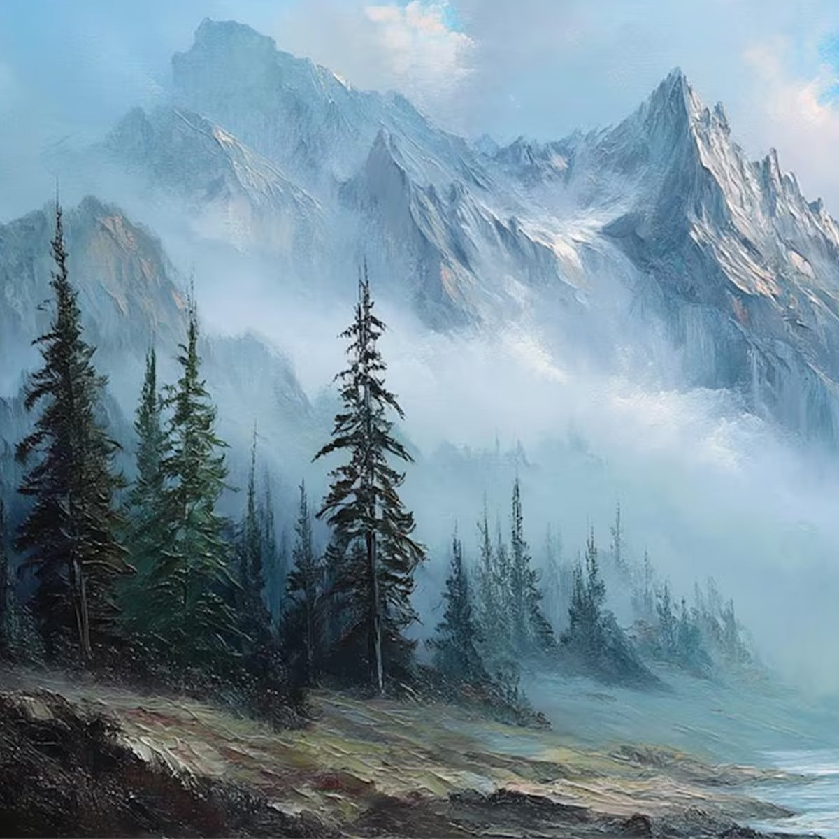 Alpine Whisper hand-painted slate blue, ivory and soft grey textured mountain valley painting shown with white frame