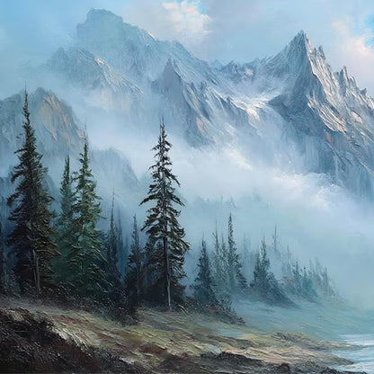 Alpine Whisper hand-painted slate blue, ivory and soft grey textured mountain valley painting shown with white frame