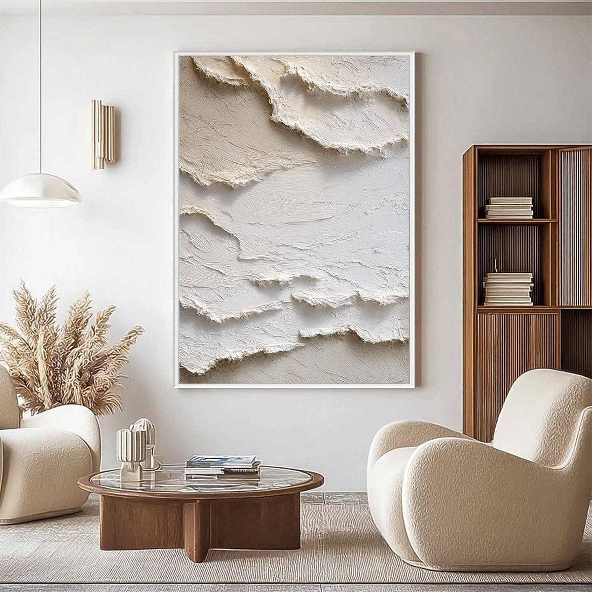Alpine Whispers hand-painted cream and white textured coastal landscape painting shown with gold frame