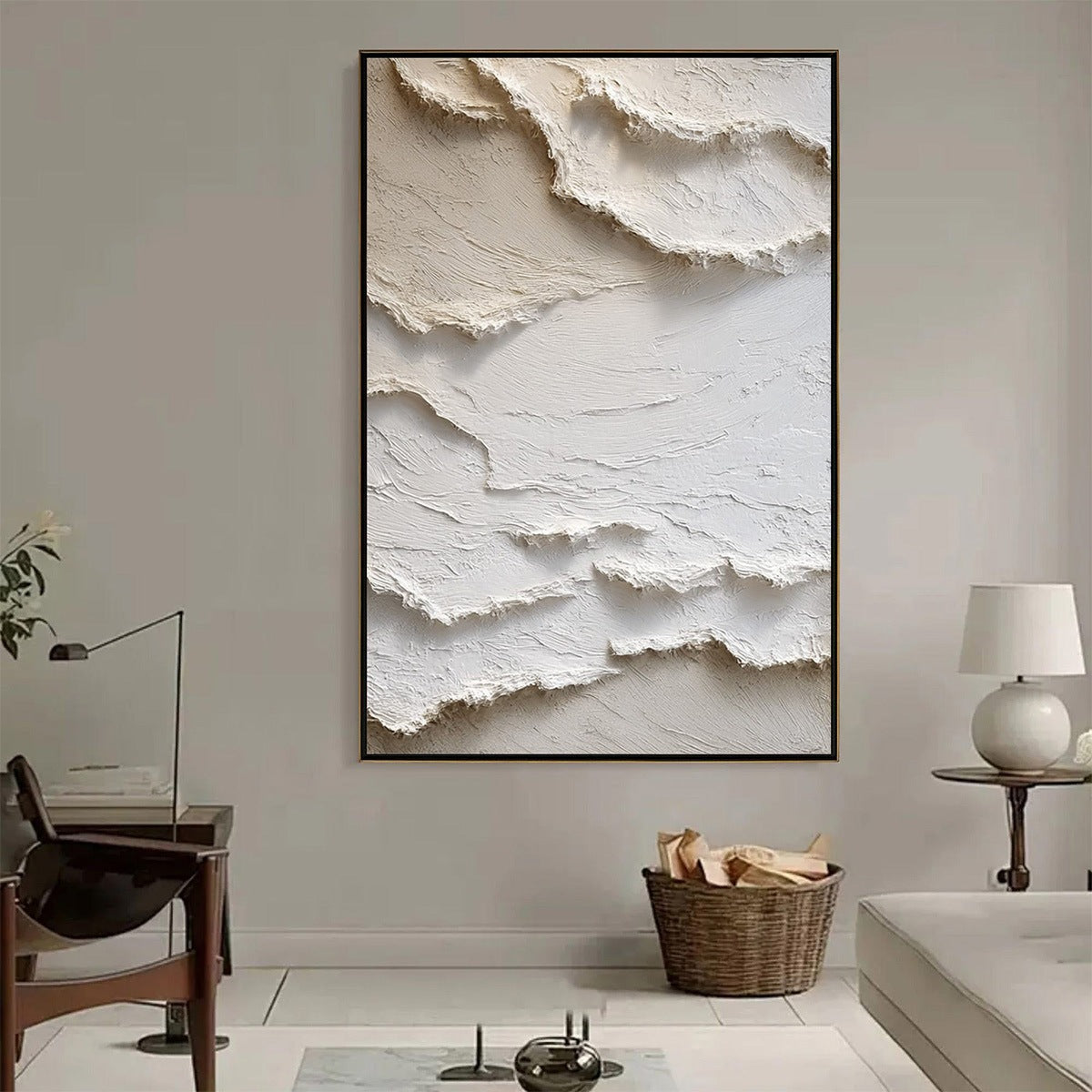 Alpine Whispers hand-painted cream and white textured coastal landscape painting shown with wood frame