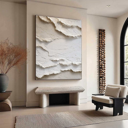 Alpine Whispers hand-painted cream and white textured coastal landscape painting shown with white frame
