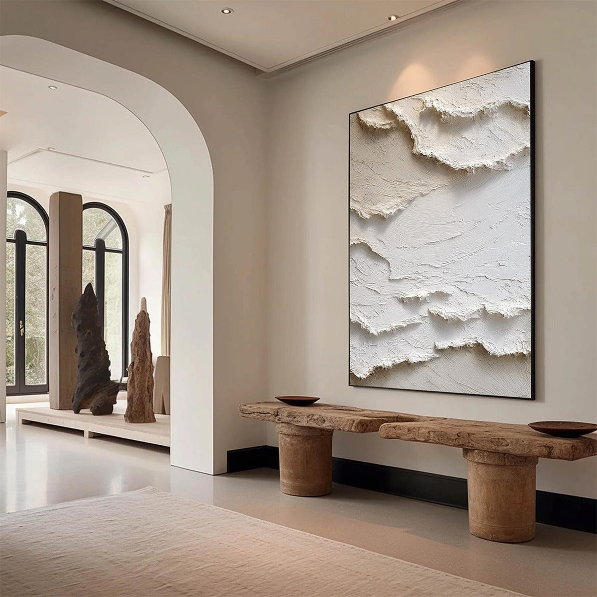 Alpine Whispers hand-painted cream and white textured coastal landscape painting shown with silver frame