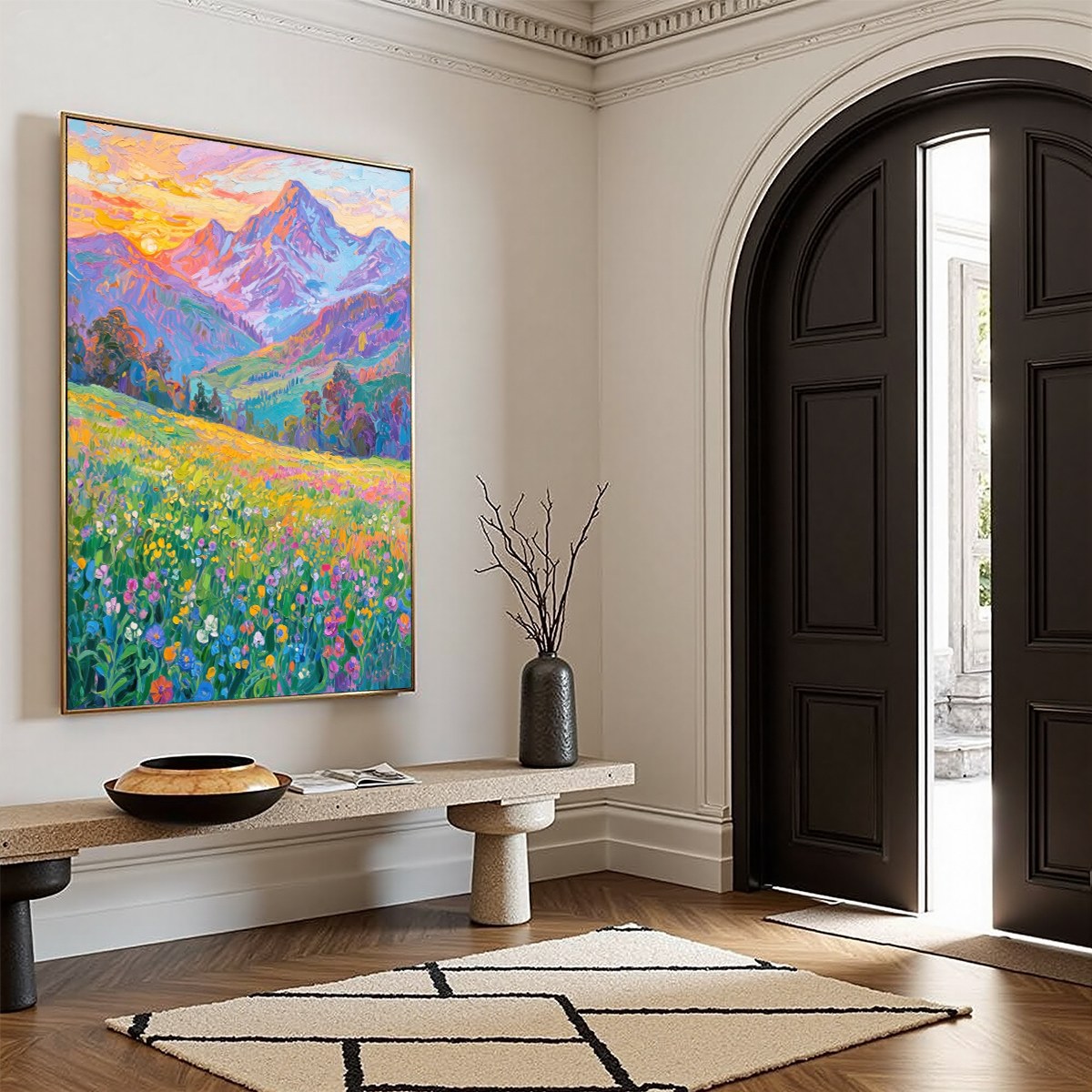 Alpine Bloom hand-painted crimson, golden yellow, turquoise and violet textured mountain meadow painting shown with wood frame