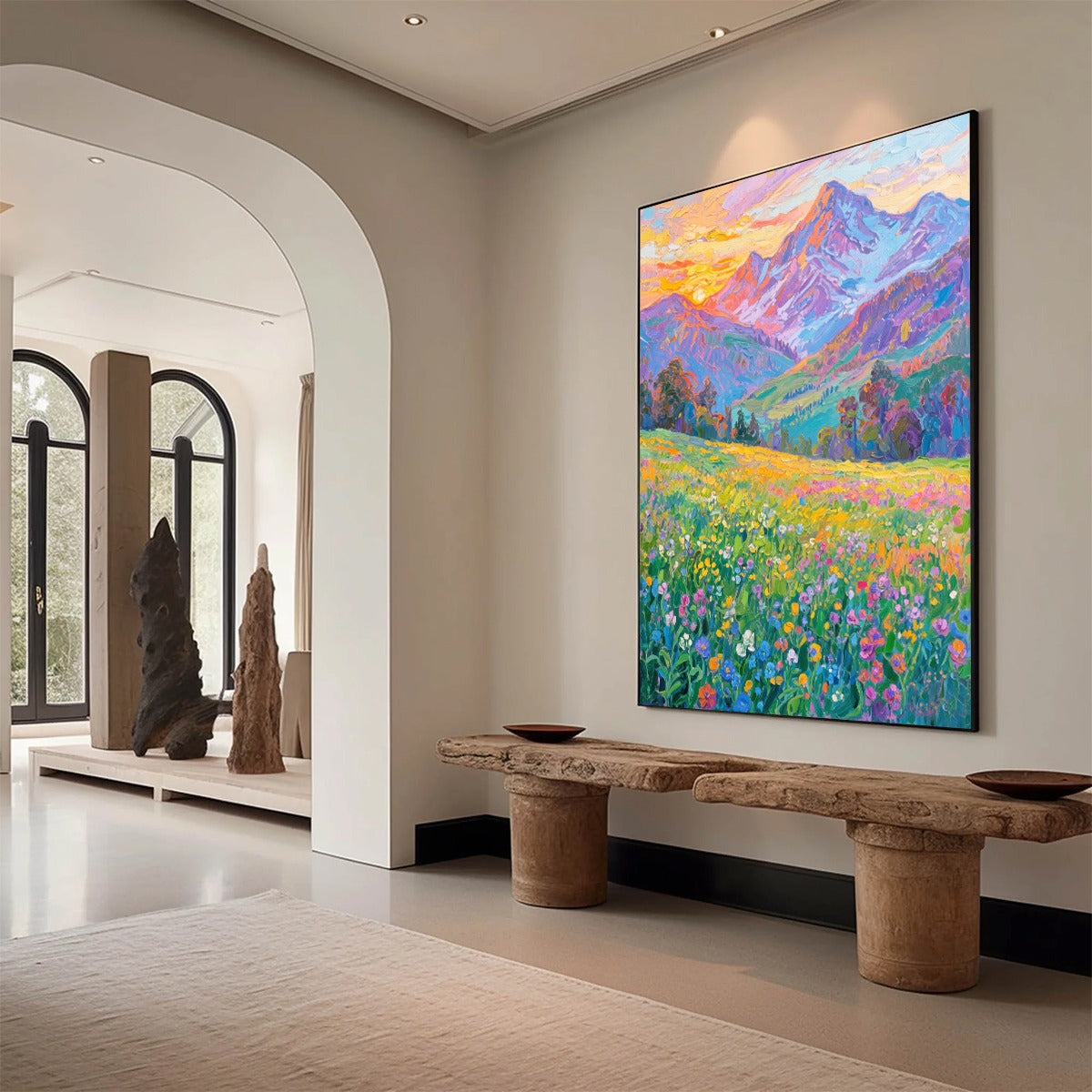 Alpine Bloom hand-painted crimson, golden yellow, turquoise and violet textured mountain meadow painting shown with black frame