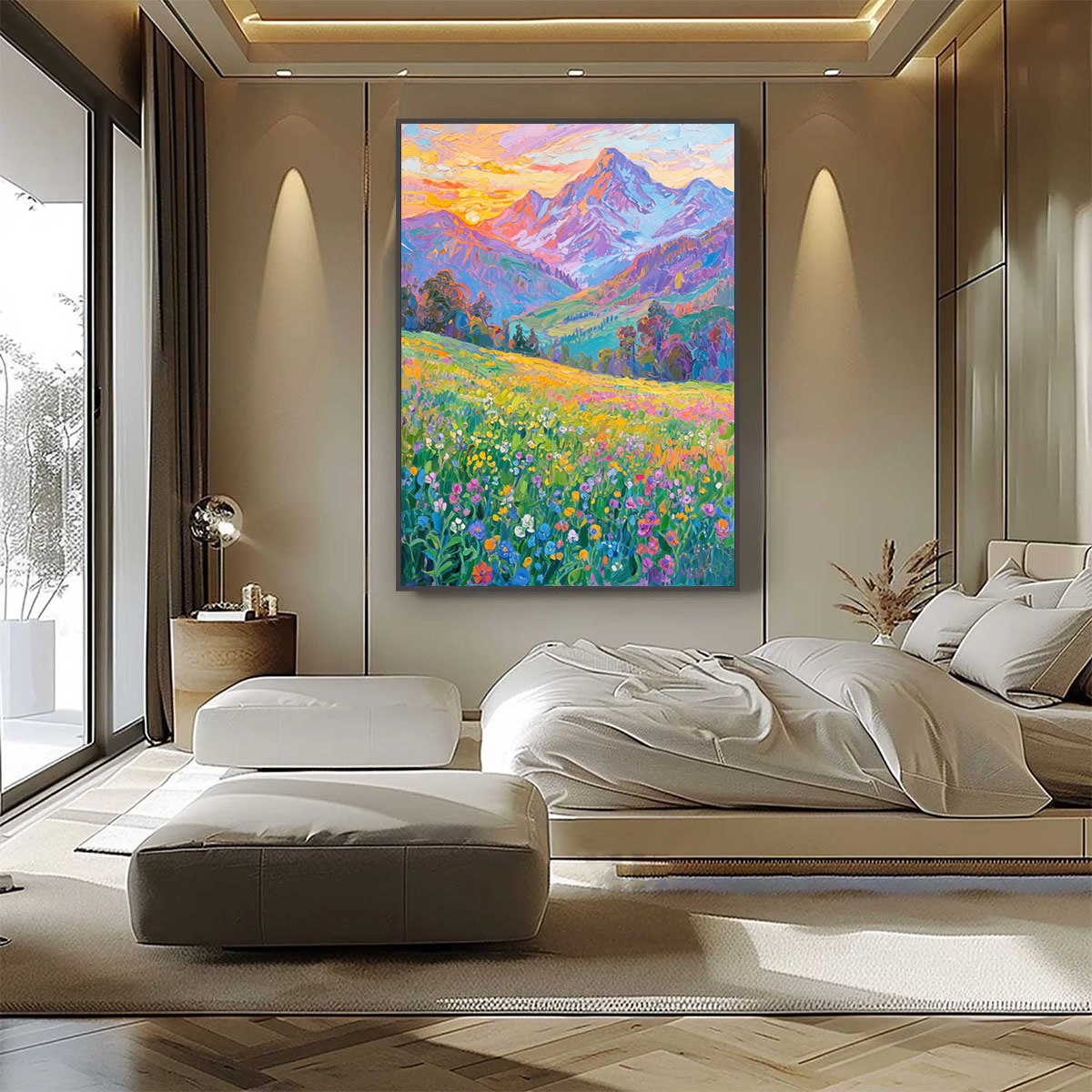 Alpine Bloom hand-painted crimson, golden yellow, turquoise and violet textured mountain meadow painting shown with white frame