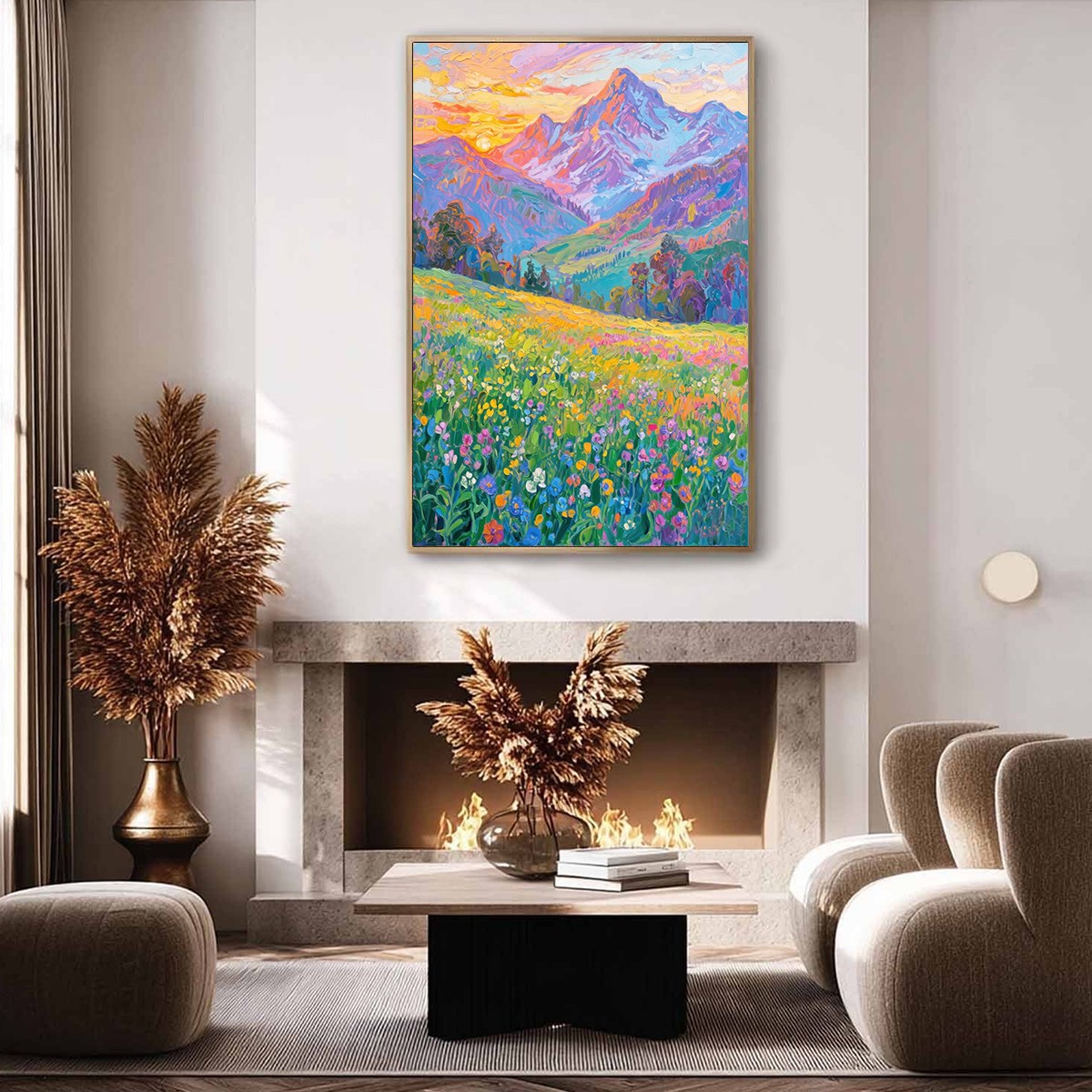 Alpine Bloom hand-painted crimson, golden yellow, turquoise and violet textured mountain meadow painting shown with silver frame
