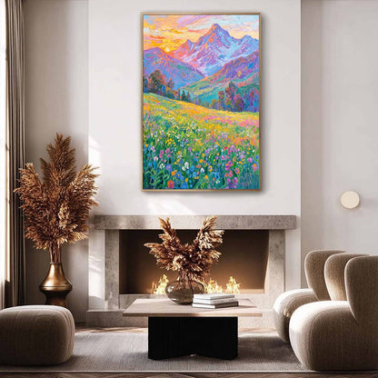 Alpine Bloom hand-painted crimson, golden yellow, turquoise and violet textured mountain meadow painting shown with silver frame