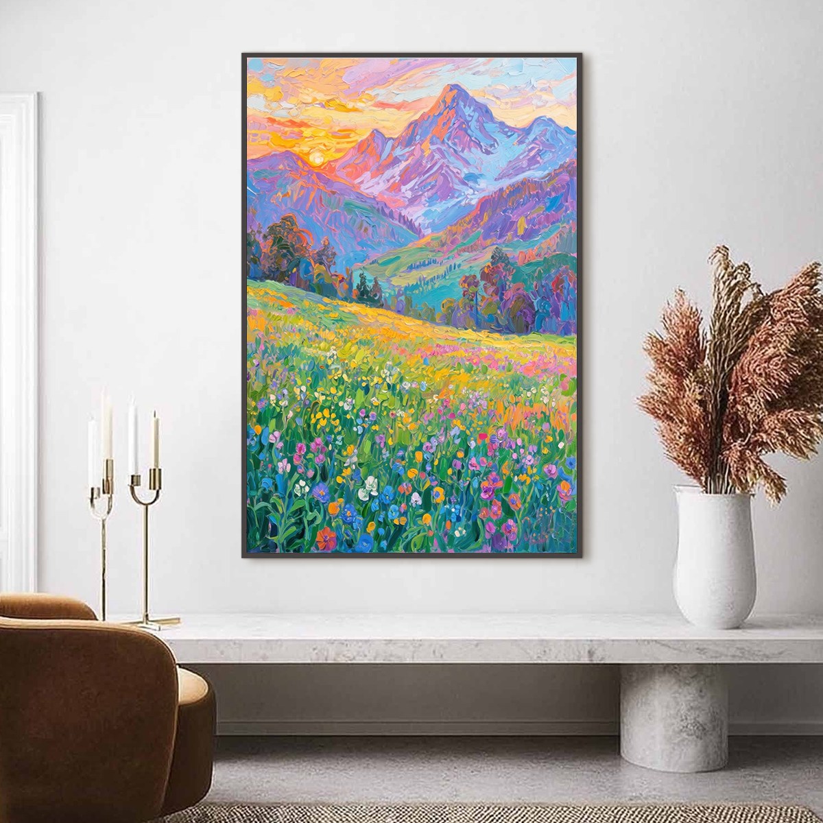 Alpine Bloom hand-painted crimson, golden yellow, turquoise and violet textured mountain meadow painting shown as stretched canvas