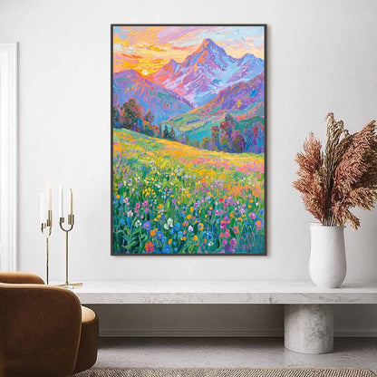 Alpine Bloom hand-painted crimson, golden yellow, turquoise and violet textured mountain meadow painting shown as stretched canvas