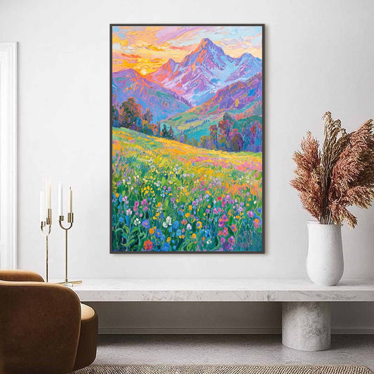 Alpine Bloom hand-painted crimson, golden yellow, turquoise and violet textured mountain meadow painting shown as stretched canvas