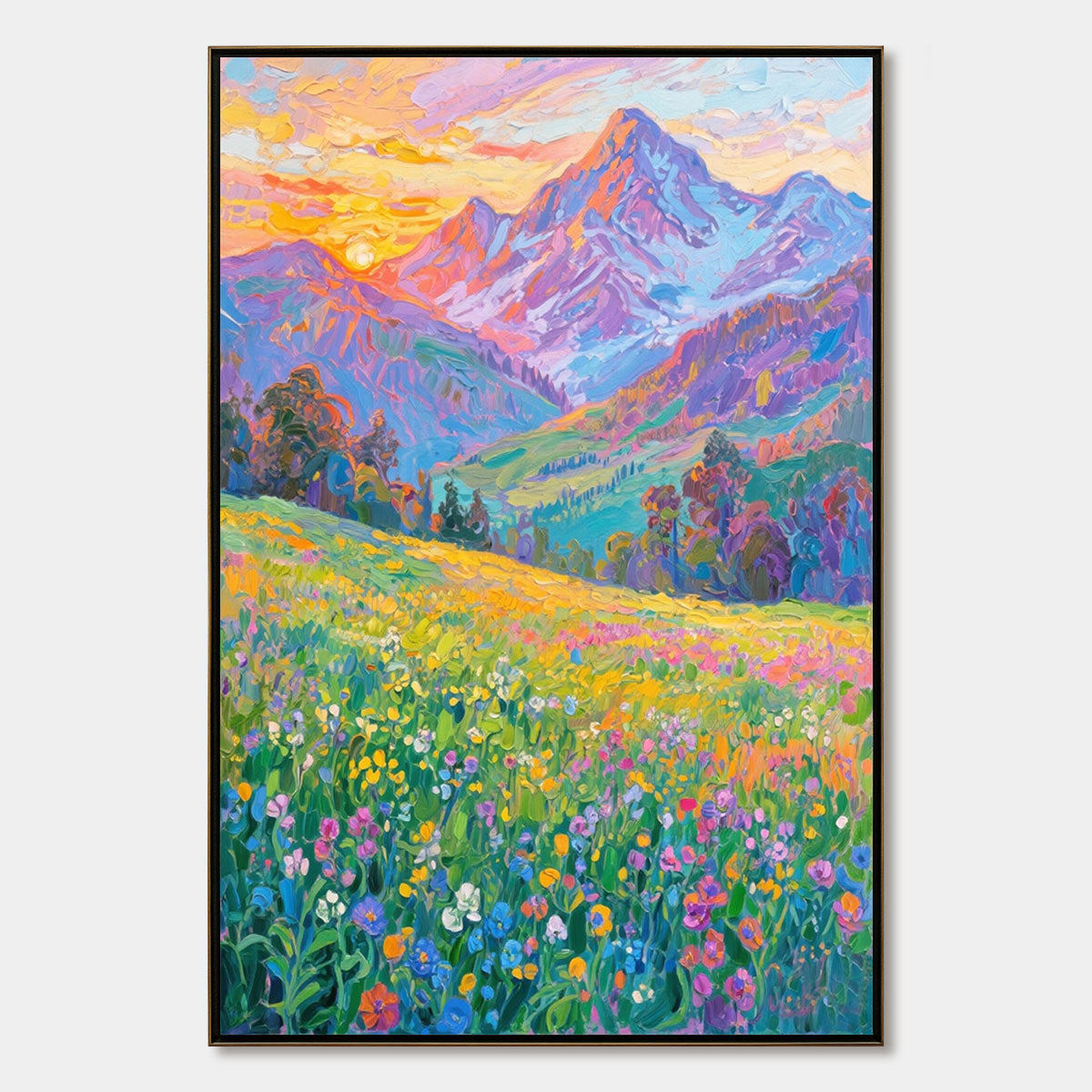Alpine Bloom hand-painted crimson, golden yellow, turquoise and violet textured mountain meadow painting rolled canvas option