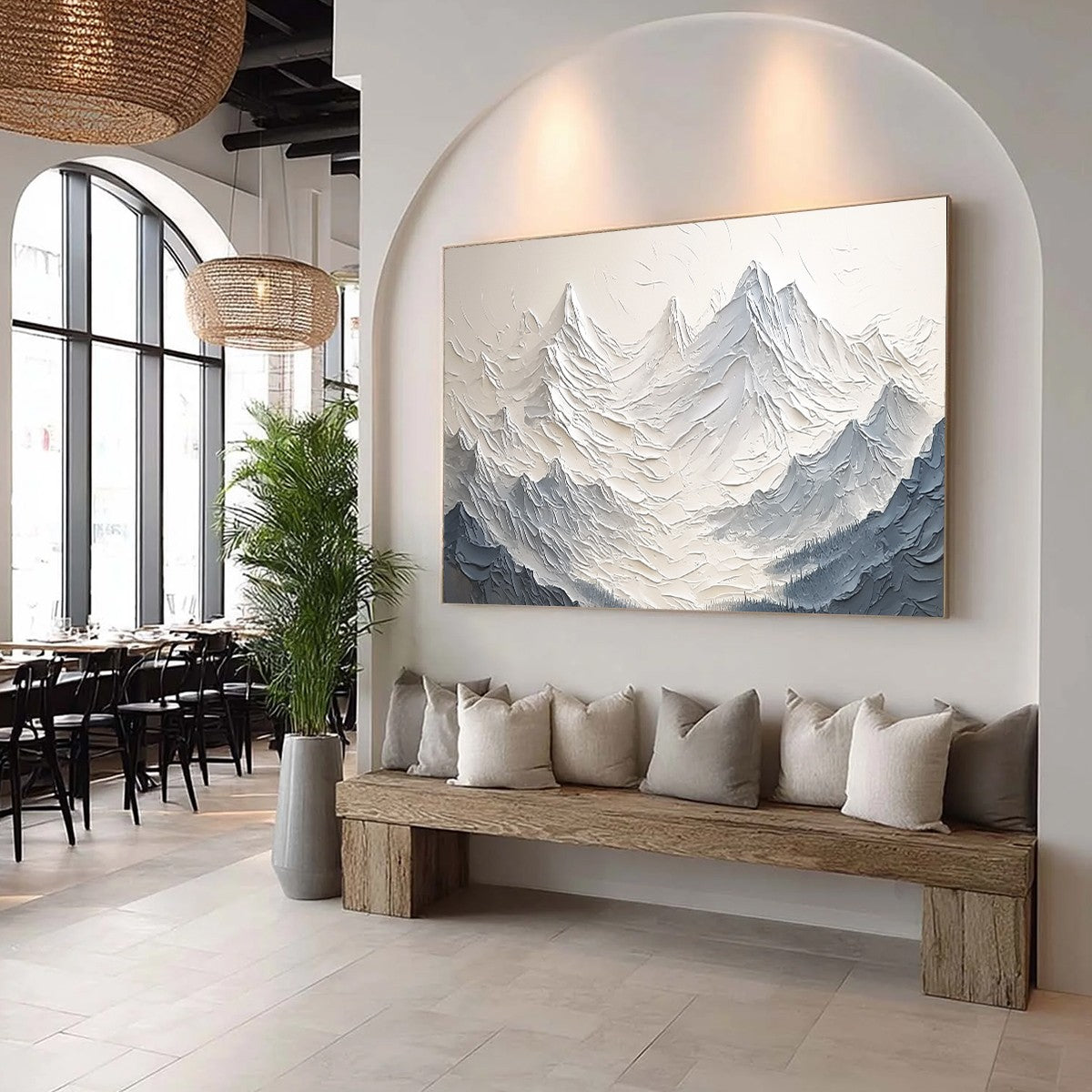 Alpine Majesty hand-painted cream, white and soft grey textured abstract mountain painting shown as stretched canvas