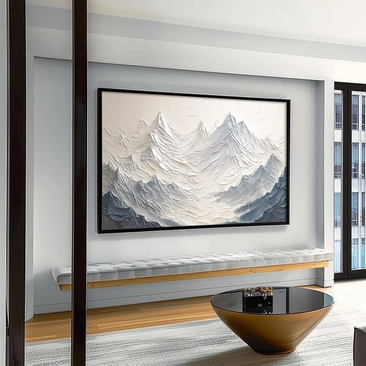 Alpine Majesty hand-painted cream, white and soft grey textured abstract mountain painting rolled canvas option