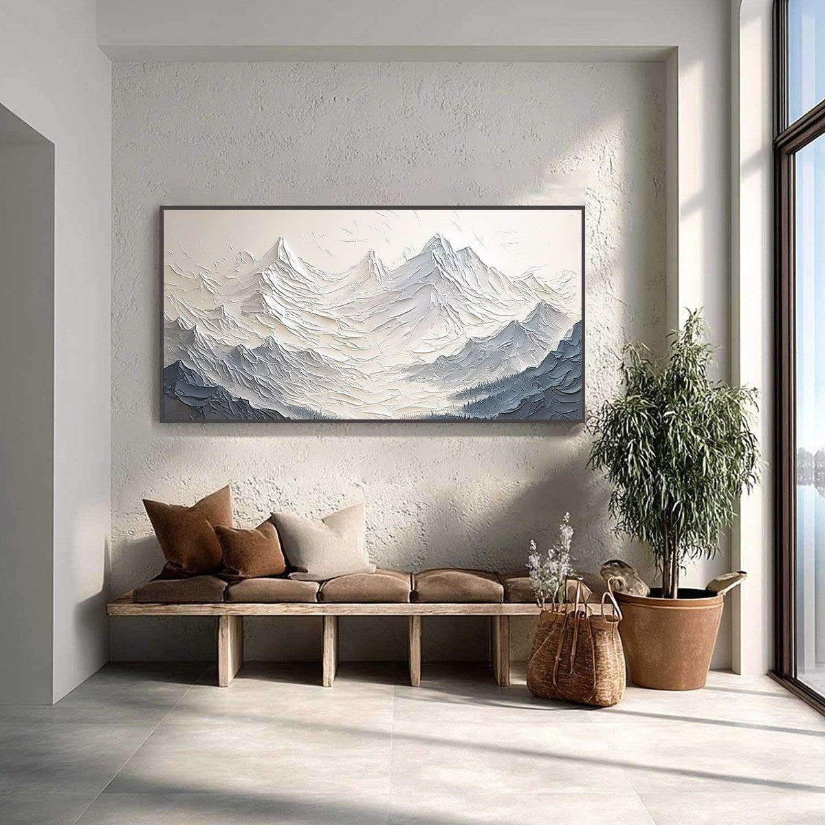 Alpine Majesty hand-painted cream, white and soft grey textured abstract mountain painting shown with black frame