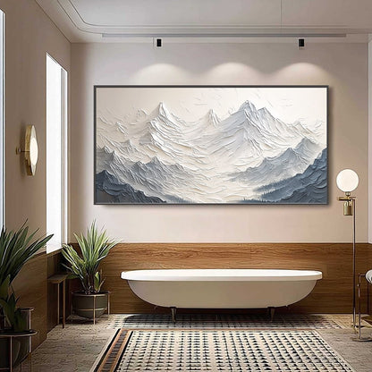 Alpine Majesty hand-painted cream, white and soft grey textured abstract mountain painting shown with white frame