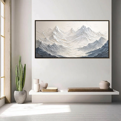Alpine Majesty hand-painted cream, white and soft grey textured abstract mountain painting shown as stretched canvas