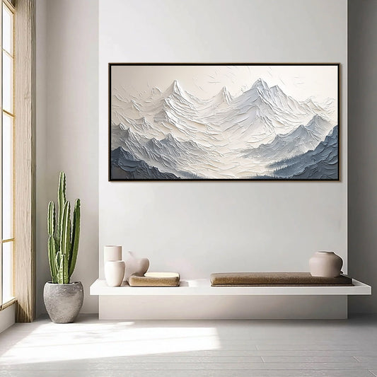 Alpine Majesty hand-painted cream, white and soft grey textured abstract mountain painting shown as stretched canvas