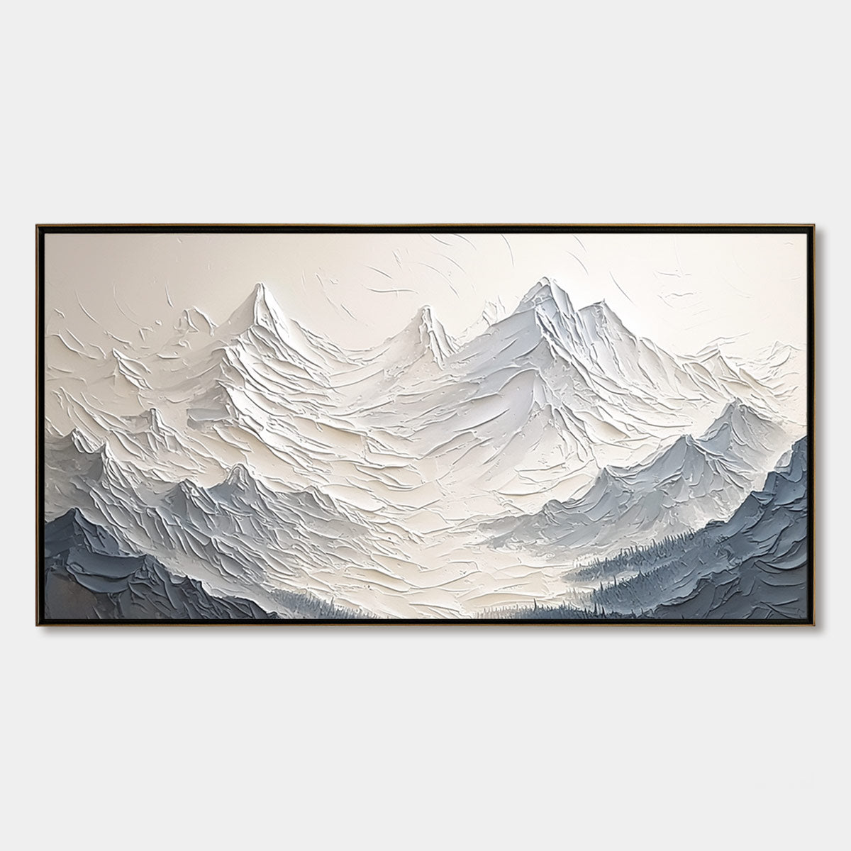 Alpine Majesty hand-painted cream, white and soft grey textured abstract mountain painting rolled canvas option