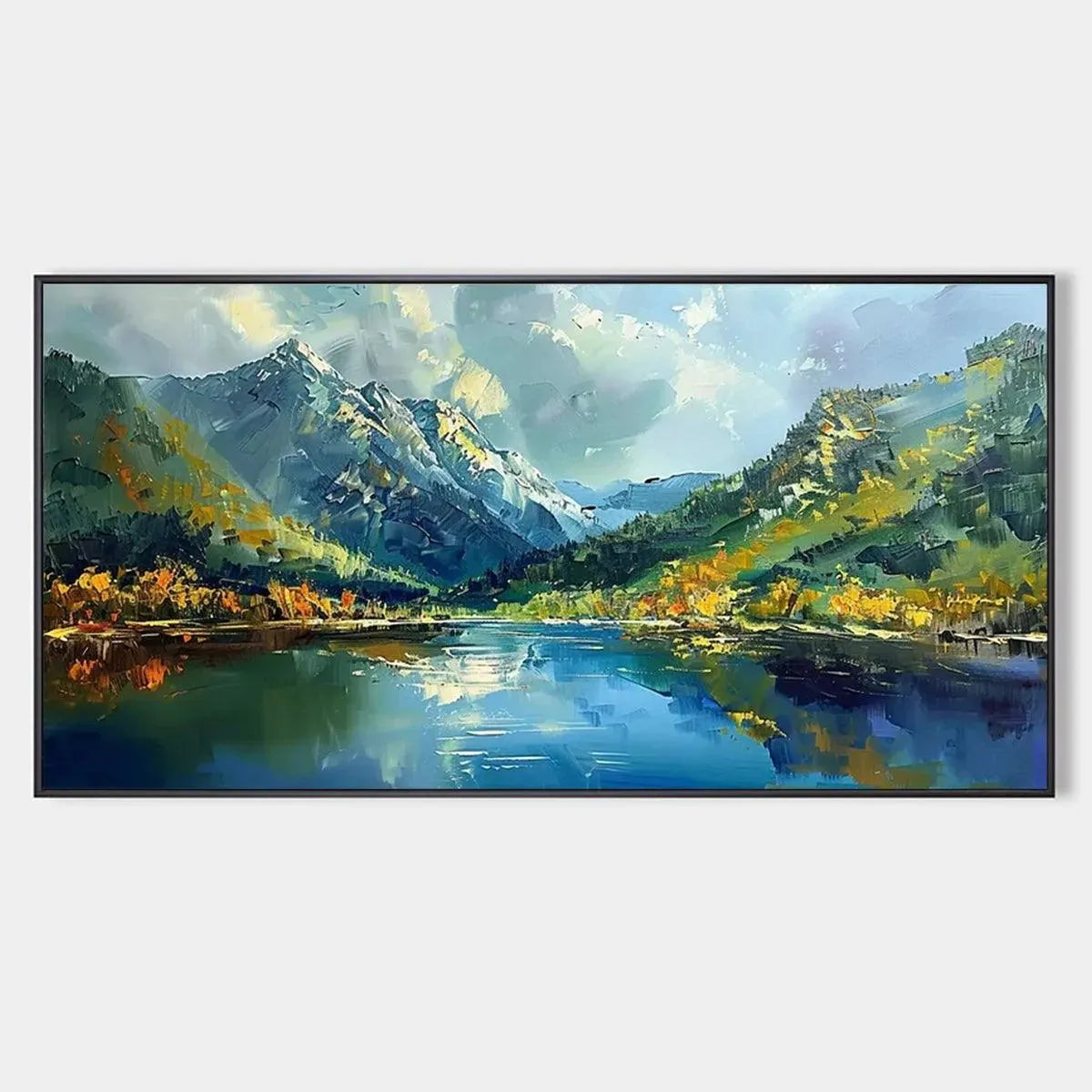 Alpine Reflection hand-painted slate blue, ivory and soft grey textured mountain lake painting rolled canvas option