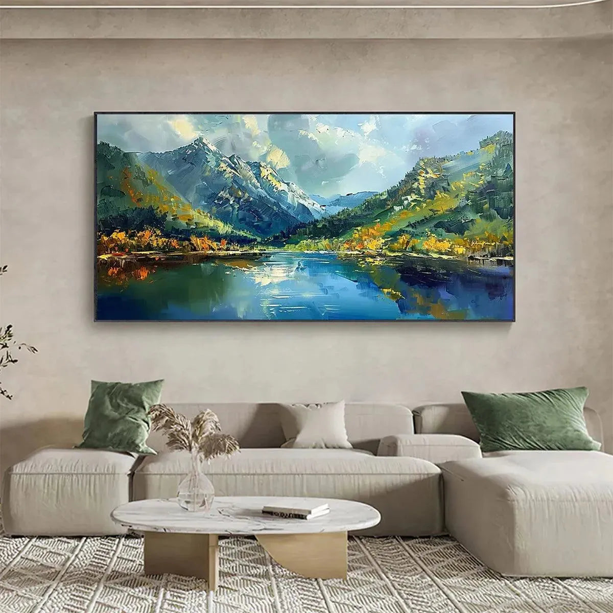 Alpine Reflection hand-painted slate blue, ivory and soft grey textured mountain lake painting shown as stretched canvas