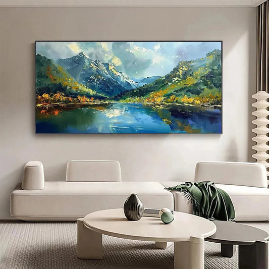 Alpine Reflection hand-painted slate blue, ivory and soft grey textured mountain lake painting shown as stretched canvas
