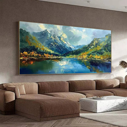 Alpine Reflection hand-painted slate blue, ivory and soft grey textured mountain lake painting shown with white frame