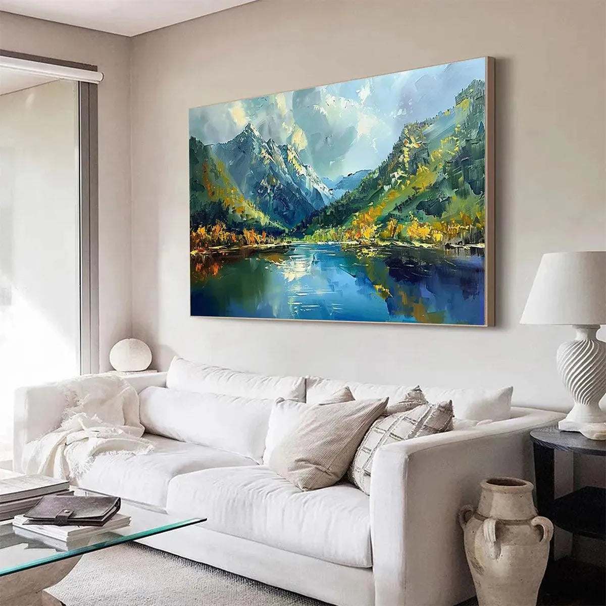 Alpine Reflection hand-painted slate blue, ivory and soft grey textured mountain lake painting shown with black frame