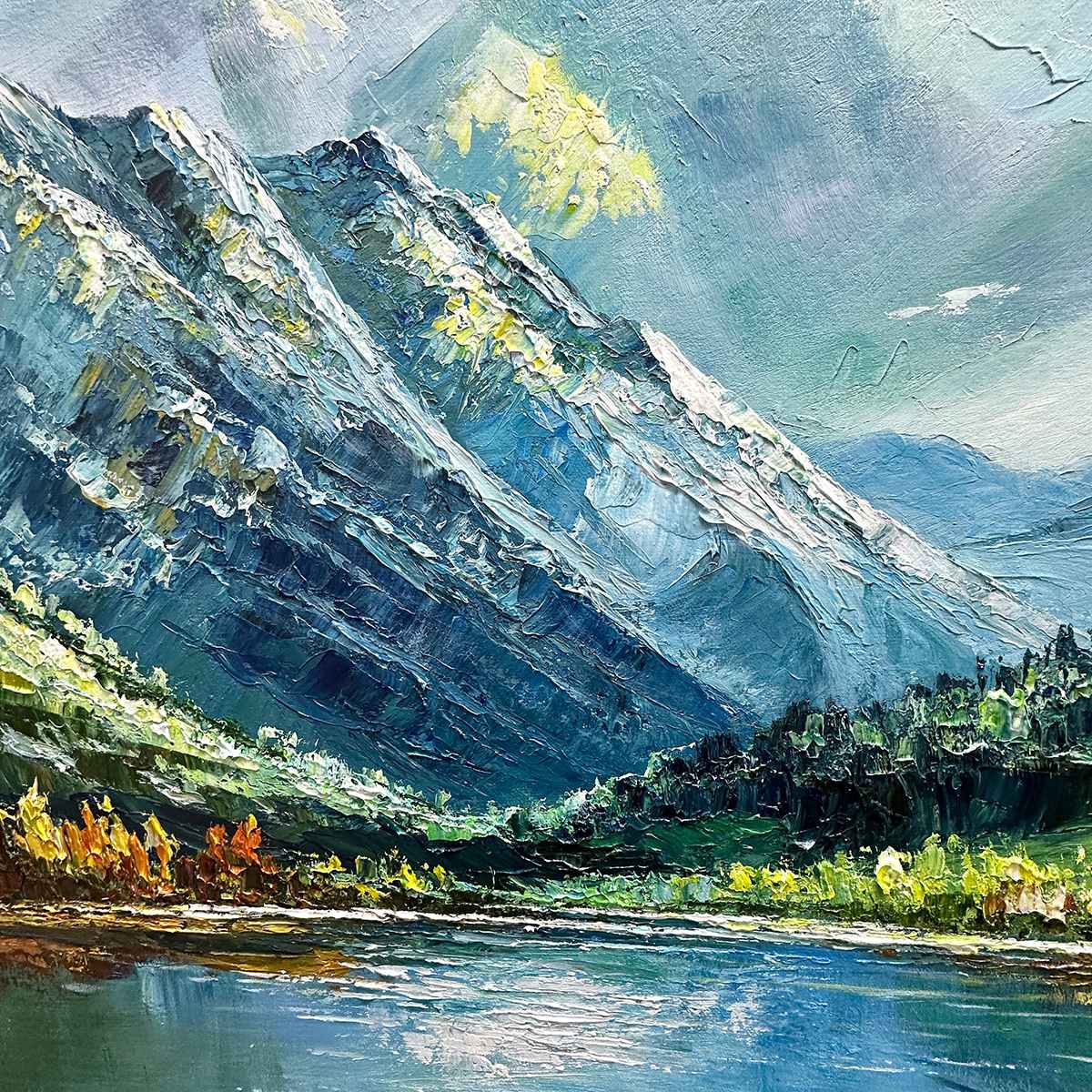 Alpine Reflection hand-painted slate blue, ivory and soft grey textured mountain lake painting shown with wood frame