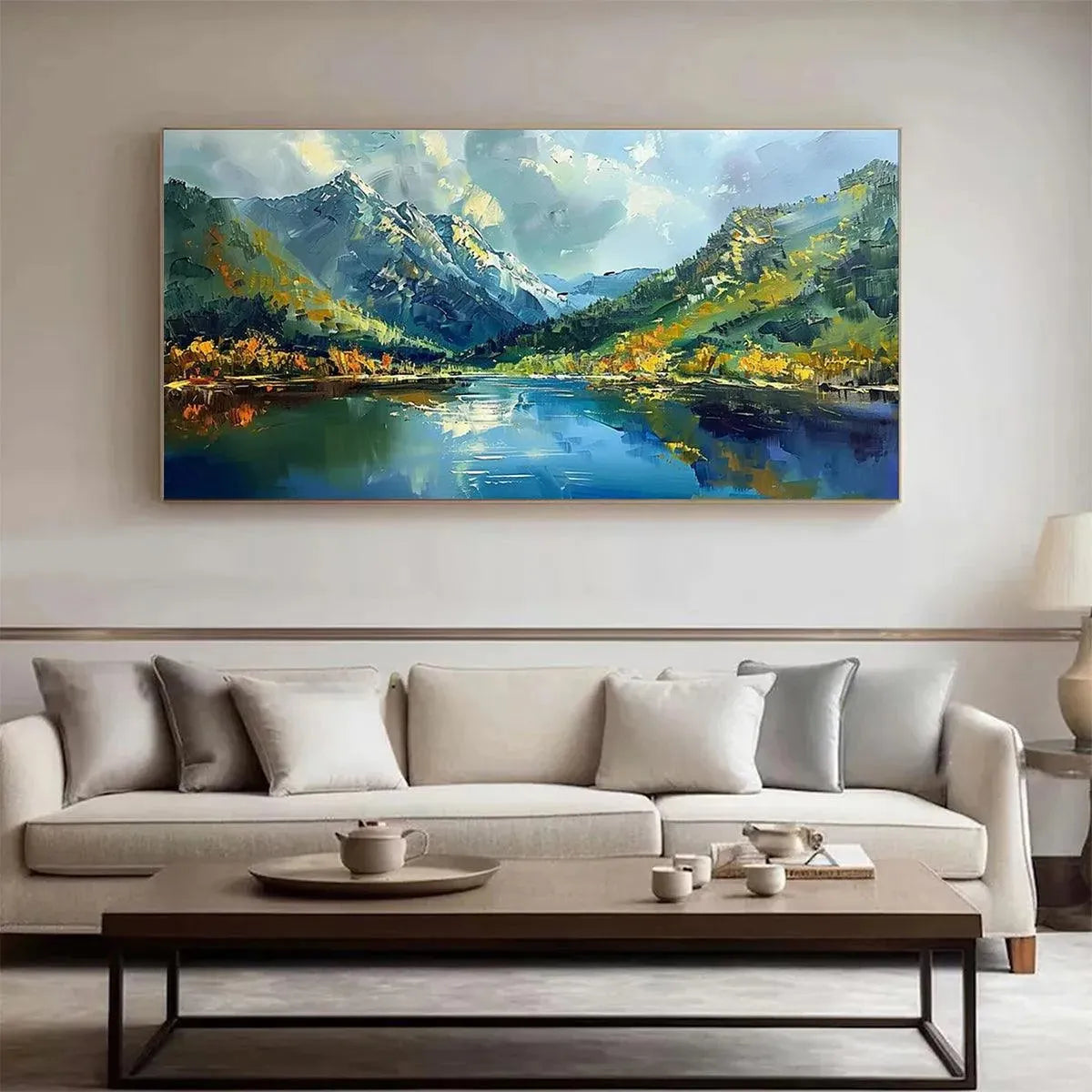 Alpine Reflection hand-painted slate blue, ivory and soft grey textured mountain lake painting rolled canvas option