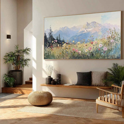 Alpine Serenity hand-painted white, soft grey and slate blue textured mountain meadow painting shown with black frame