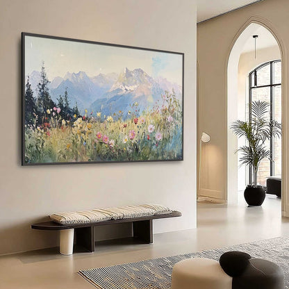 Alpine Serenity hand-painted white, soft grey and slate blue textured mountain meadow painting shown as stretched canvas