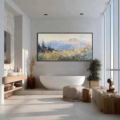 Alpine Serenity hand-painted white, soft grey and slate blue textured mountain meadow painting shown with white frame