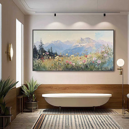 Alpine Serenity hand-painted white, soft grey and slate blue textured mountain meadow painting shown as stretched canvas