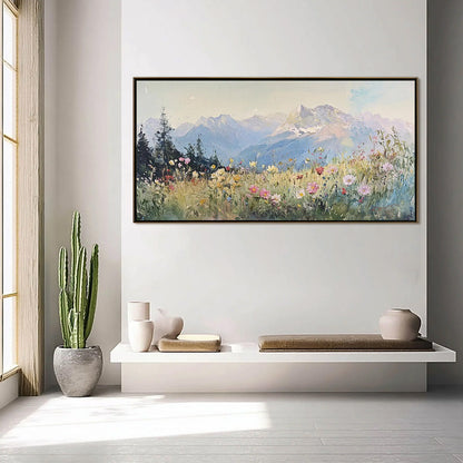 Alpine Serenity hand-painted white, soft grey and slate blue textured mountain meadow painting rolled canvas option