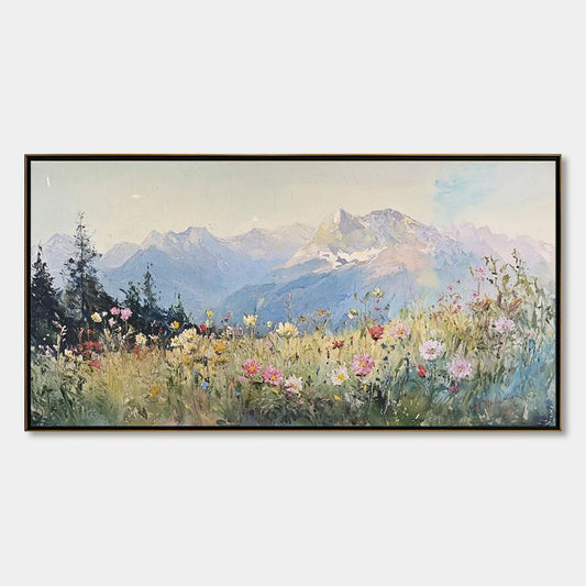 Alpine Serenity hand-painted white, soft grey and slate blue textured mountain meadow painting rolled canvas option