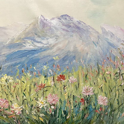 Alpine Serenity hand-painted white, soft grey and slate blue textured mountain meadow painting shown with silver frame