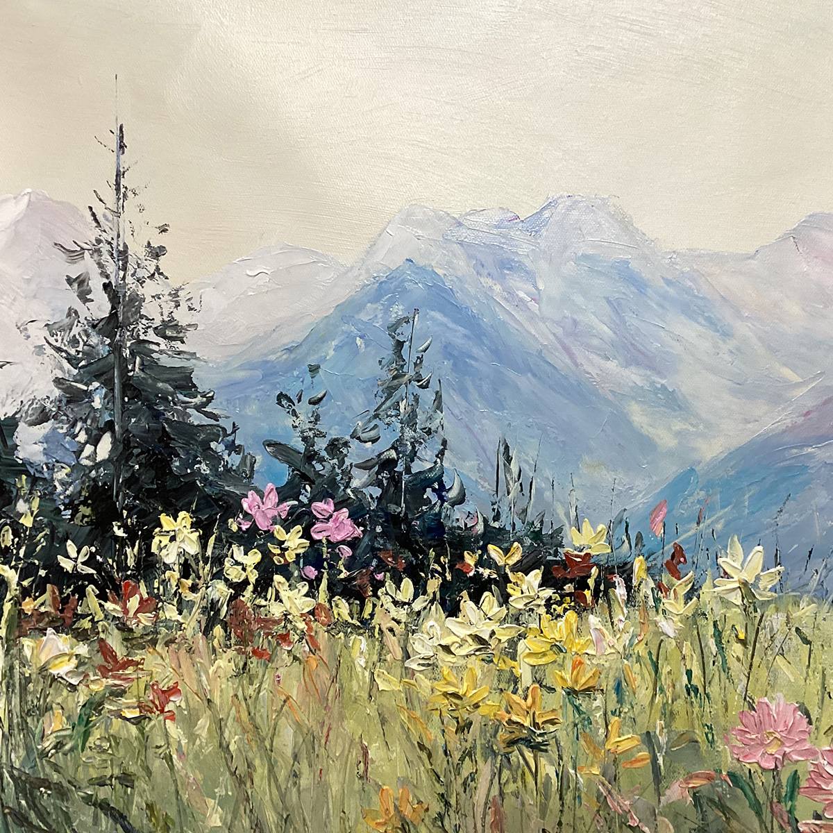 Alpine Serenity hand-painted white, soft grey and slate blue textured mountain meadow painting shown with wood frame