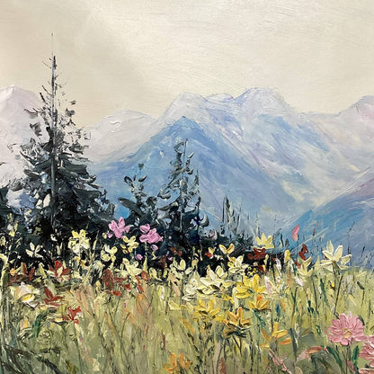 Alpine Serenity hand-painted white, soft grey and slate blue textured mountain meadow painting shown with wood frame